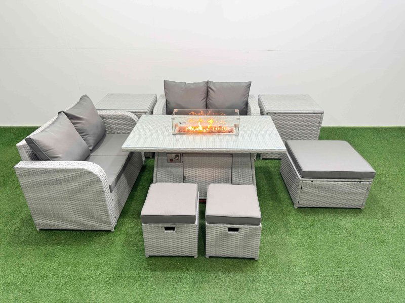 Fimous 7 Seater Outdoor Love Sofa Set Rattan Garden Furniture Set with Firepit Dining Table 3 Footstool 2 Side Tables Light Grey