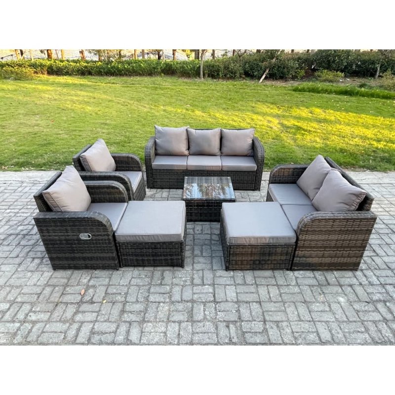 Fimous 9 Seater Outdoor Rattan Garden Furniture Set Conservatory Patio Sofa Coffee Table With 2 Big Footstool Love Sofa Dark Grey Mixed