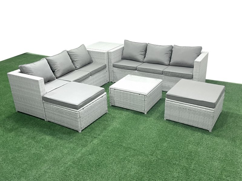 Fimous Rattan Garden Outdoor Furniture Set 8 Seater Rattan Garden Sofa Set with 2 Big Footstools Side Table Light Grey Mixed