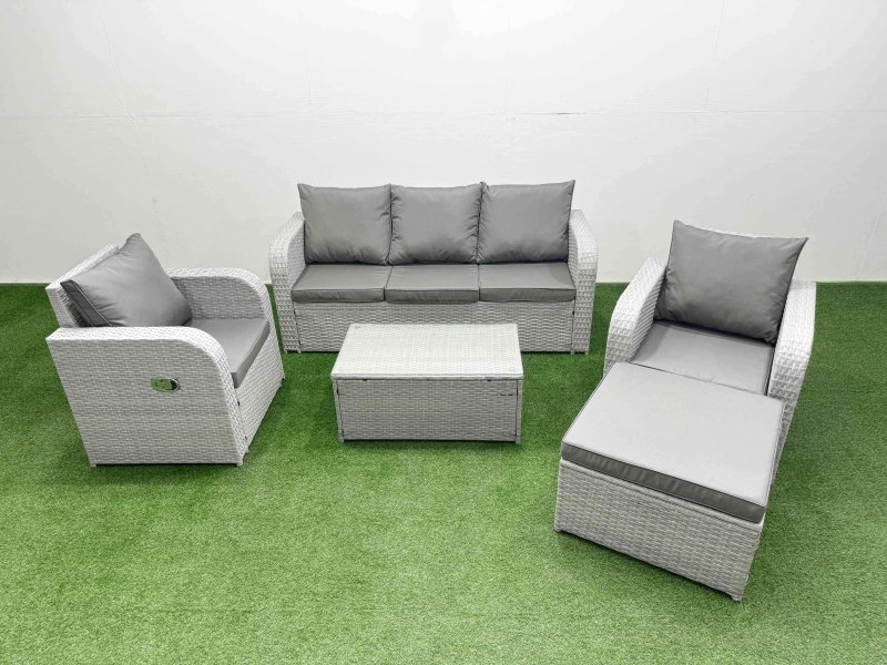 Fimous PE Rattan Garden Furniture Set Reclining Chair Sofa Lounge Sofa Set Oblong Coffee Table Big Footstool Light Grey