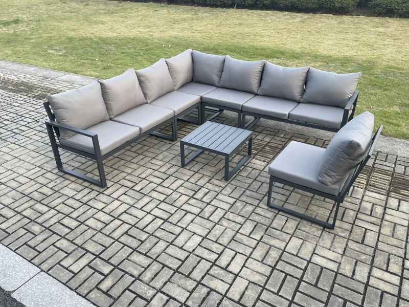 Fimous 8 Seater Patio Outdoor Garden Furniture Aluminium Lounge Corner Sofa Set with Square Coffee Table Dark Grey