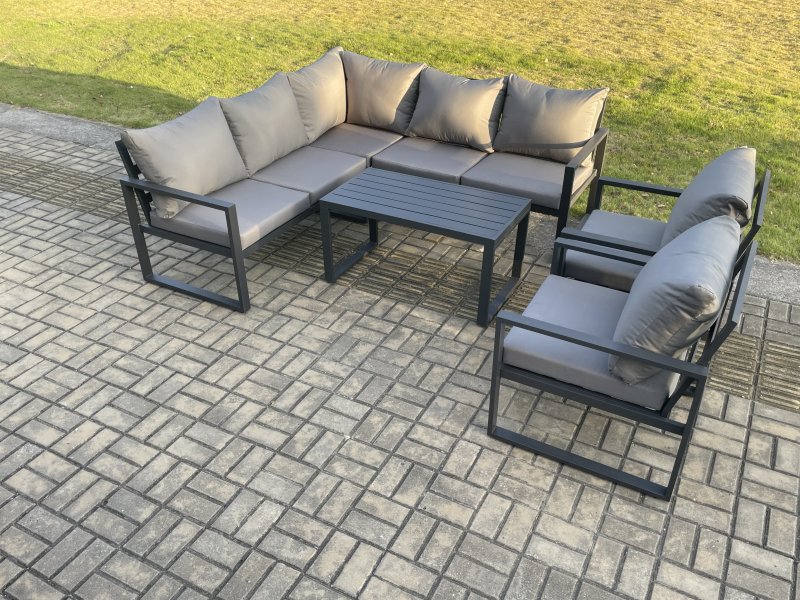 Fimous Aluminium Outdoor Garden Furniture Set Lounge Sofa Oblong Coffee Table Sets with 2 Pcs Chair Indoor Conservatory Set Dark Grey