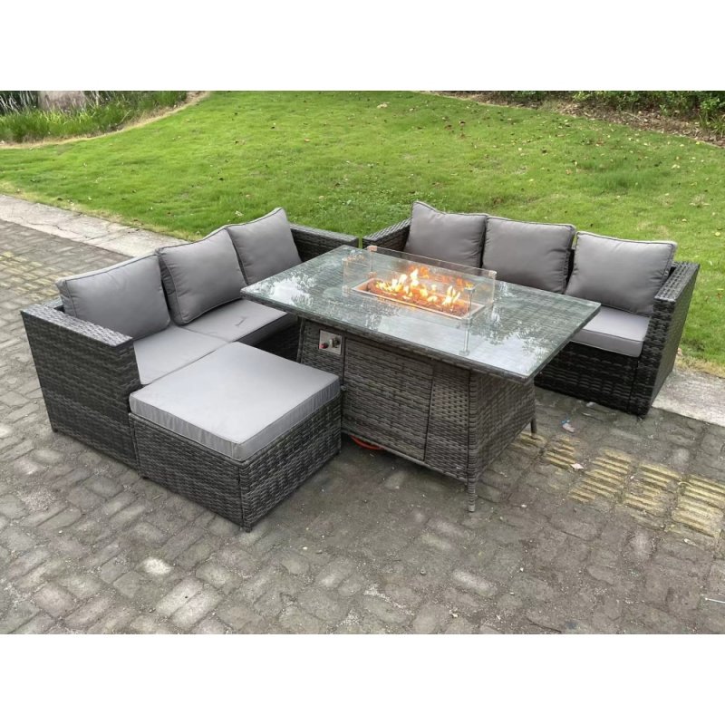 Fimous Outdoor Rattan Garden Furniture Sofa Set Gas Fire Pit Dining Table Gas Heater Burner With 3 Seater Sofa Big Footstool 7 Seater Dark Grey Mixed