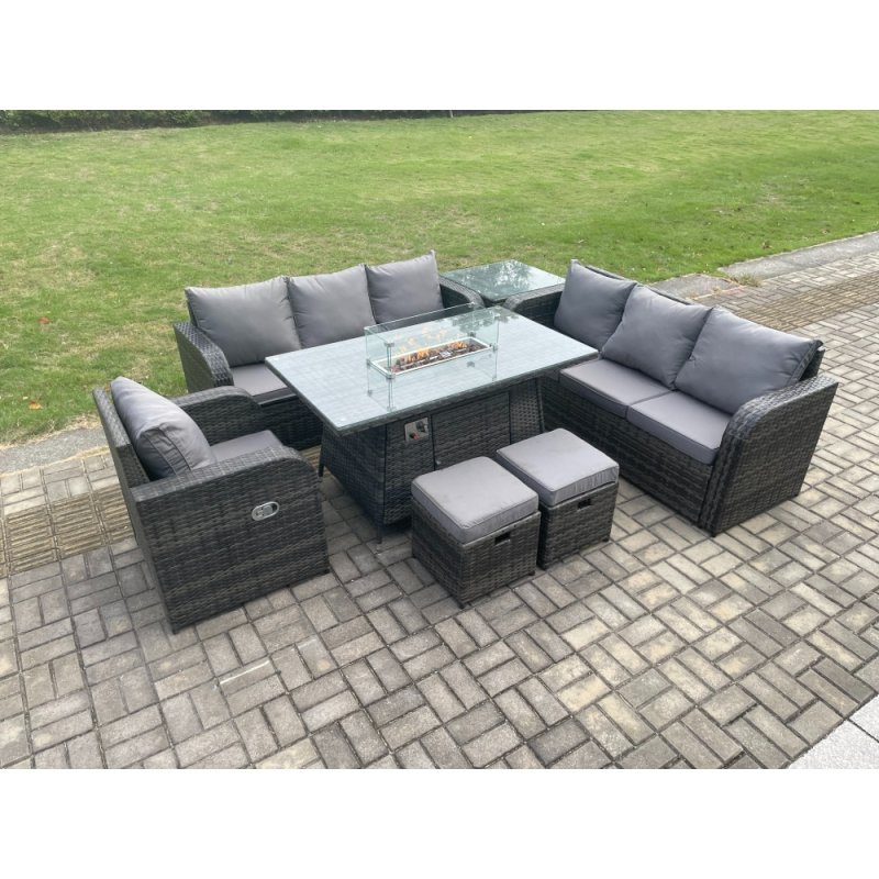 Fimous Rattan Outdoor Furniture Gas Fire Pit Rectangle Dining Table Gas Heater Reclining Chair 3 Seater Sofa Sets with Side Table 2 Small Footstools 9 Seater