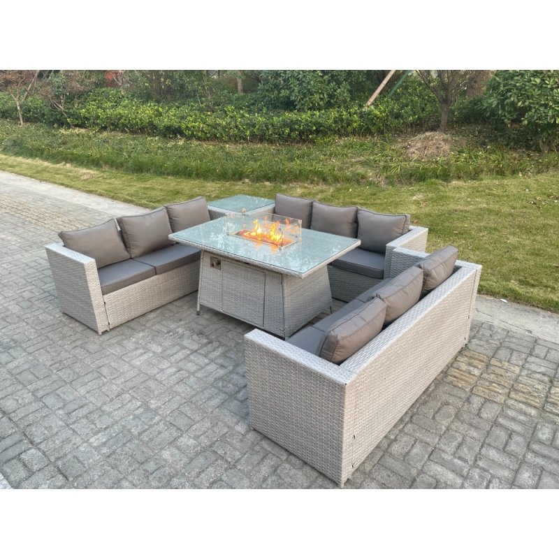 Fimous Light Grey U Shape Lounge Sofa Dining Set With Gas Heater Firepit Dining Table Set Burner With Extra Side Coffee Tea Table