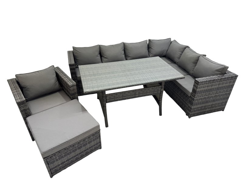 Fimous Rattan Garden Furniture Set Outdoor 8 Seater Patio Dining Corner Sofa Sets with Dining Table Chair Big Stool Dark Grey Mixed