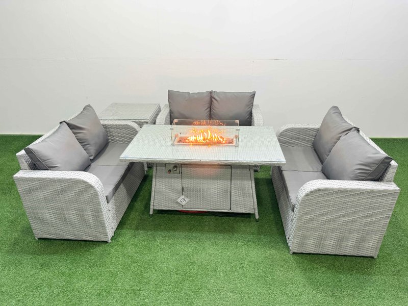 Fimous 6 Seater PE Wicker Rattan Furniture Sofa Sets with Firepit Dining Table 2 Seater Love Sofa Side Table Light Grey