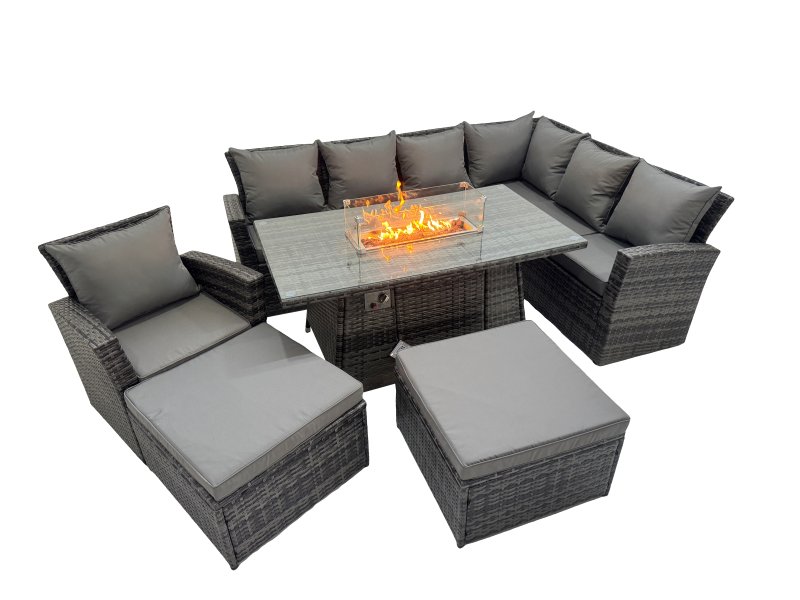 Fimous Outdoor Furniture Garden Dining Set Rattan Corner Sofa Chair Set Gas Fire Pit Table with Temper Glass 2 Big Footstools Dark Grey Mixed