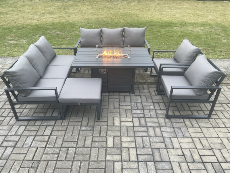 Fimous Aluminium Outdoor Garden Furniture Set Patio Lounge Sofa Gas Fire Pit Dining Table Set with Big Footstool Dark Grey