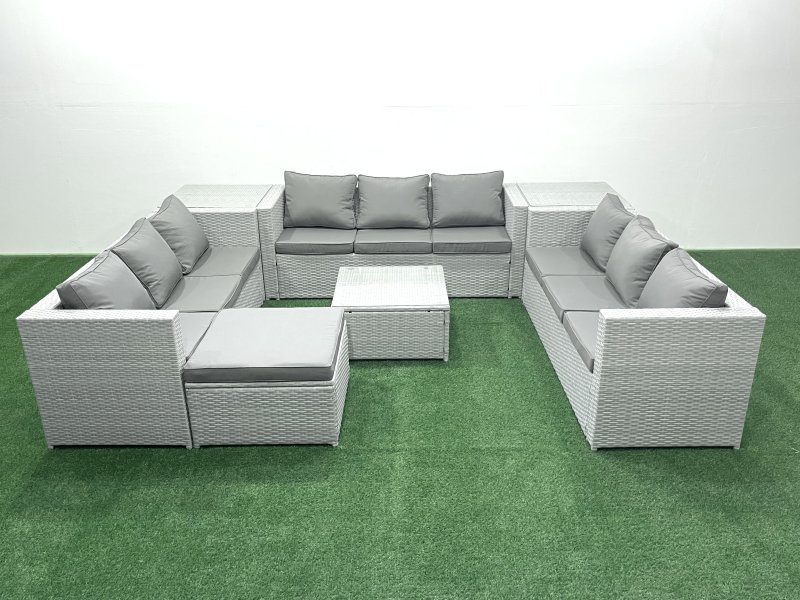 Fimous Rattan Garden Outdoor Furniture Set 10 Seater Rattan Garden Sofa Set with Big Footstool 2 Side Tables Light Grey Mixed