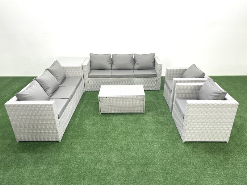 Fimous Outdoor Rattan Sofa Garden Furniture Set with 2 Armchairs Oblong Coffee Table Side Table Light Grey Mixed