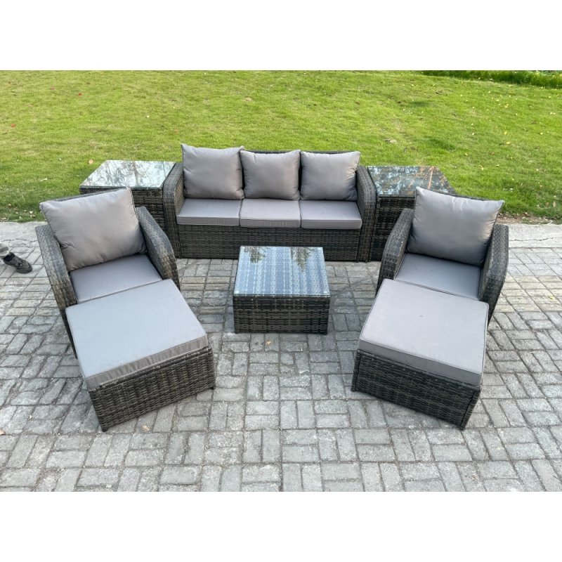 Fimous Patio Garden Furniture Sets Wicker 7 Seater Outdoor Rattan Furniture Sofa Sets with Square Coffee Table 2 Side Tables 2 Big Footstool