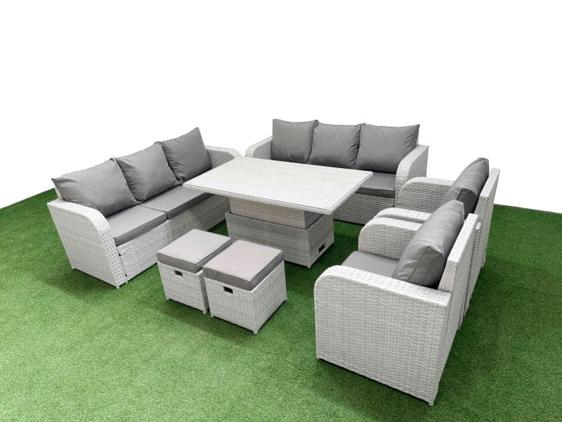 Fimous PE Rattan High Back Lounge Sofa Set Patio Adjustable Lifting Dining or Coffee Table & Chairs Set with 3 Seater Sofa Reclining Chair Stools Light Grey