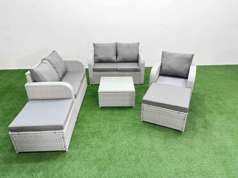 Fimous High Back Poly Rattan Garden Furniture Set with Reclining Chair Loveseat Sofa Square Coffee Table Indoor Outdoor Patio Set 2 Big Stool Light Grey