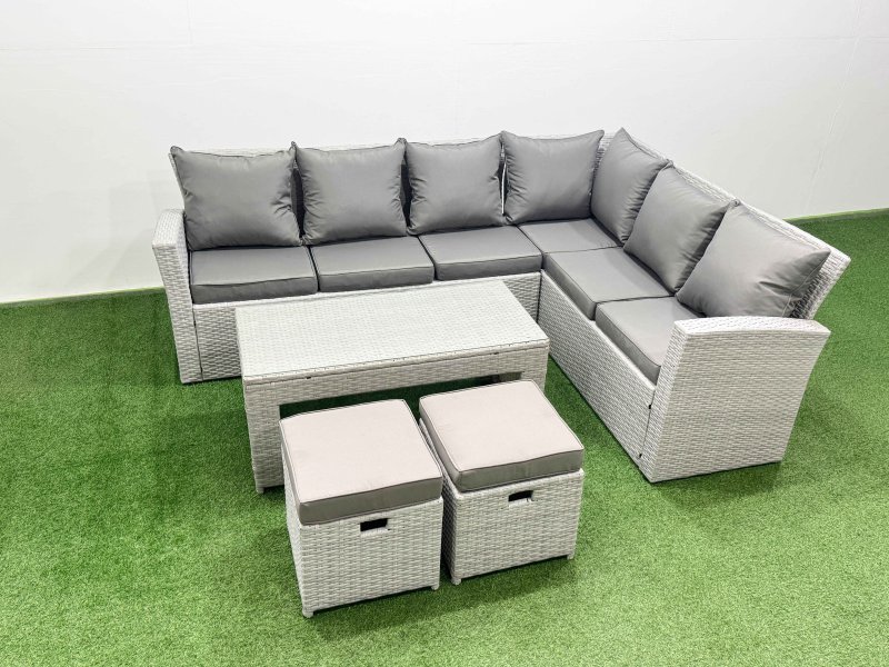 Fimous 8 Seater Garden Outdoor Rattan Furniture Set Rattan Corner Sofa Oblong Coffee Table Set with 2 Small Footstools Light Grey Mixed