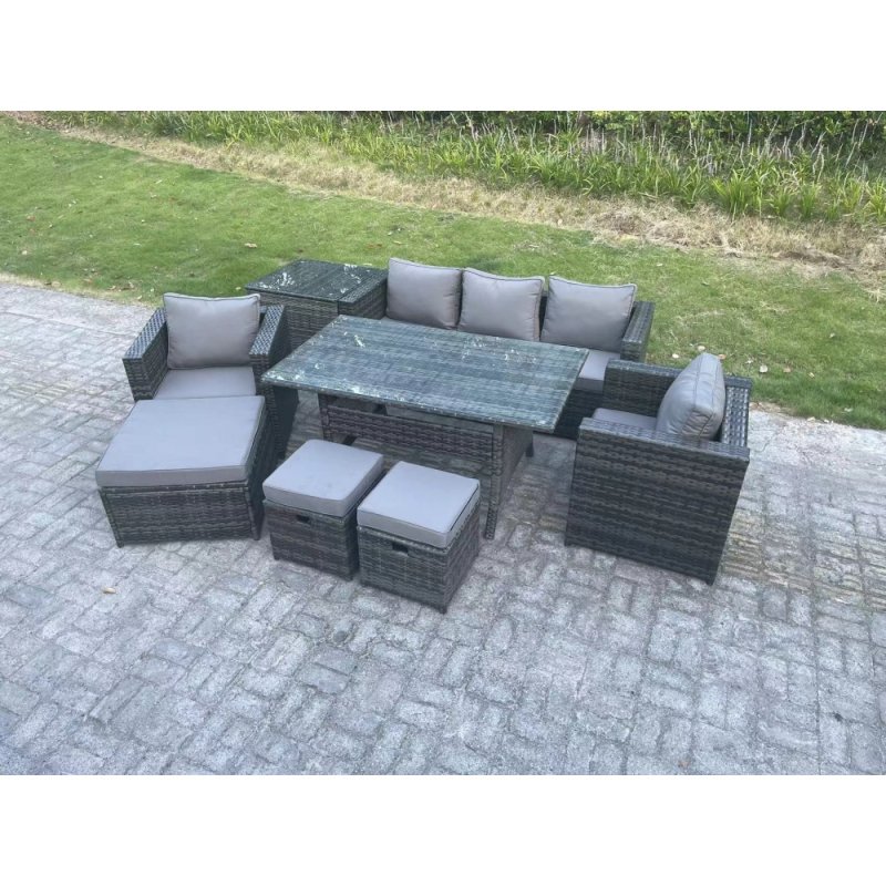 Fimous 8 Seater Outdoor Garden Furniture Set Patio Rattan Rectangular Dining Table Lounge Sofa Chair with Side Table Big Footstool 2 Small Stools Dark Grey Mixed