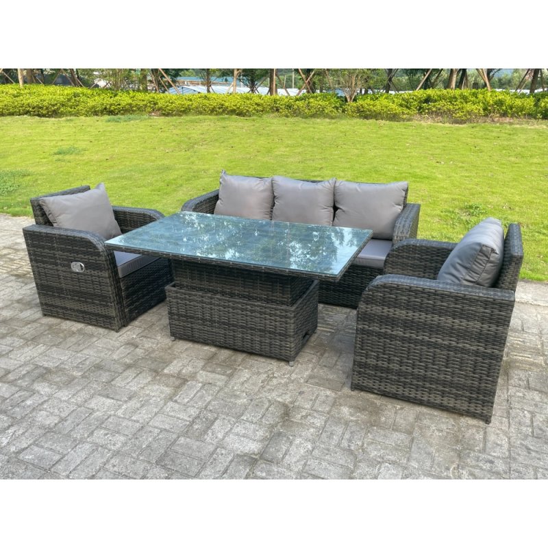 Fimous Dark Mixed Grey Rattan Outdoor Garden Furniture Lifting Adjustable Dining Or Coffee Table Sets Lounge Sofa Recling Chairs 5 Seater