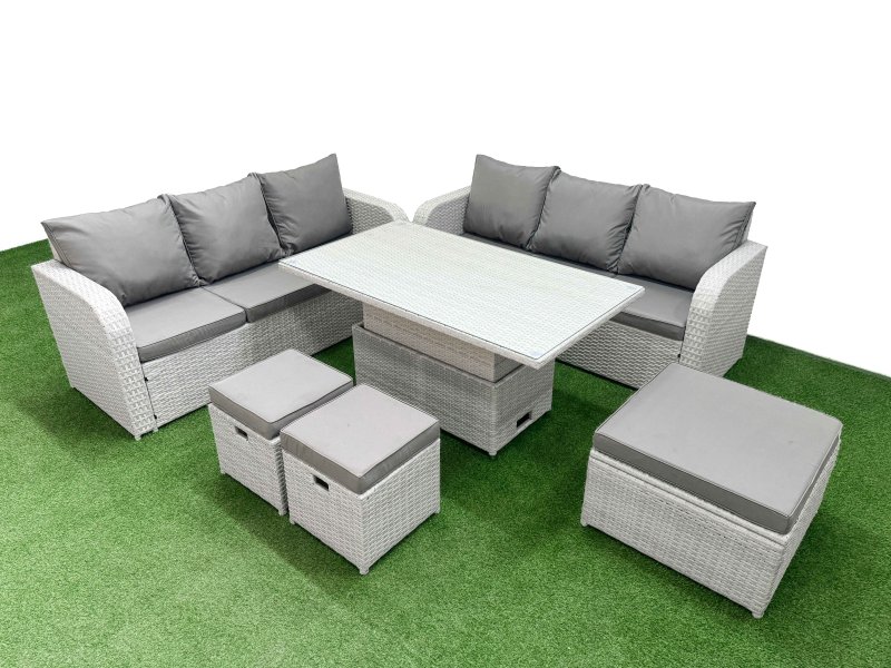 Fimous Outdoor Garden Furniture Sets 9 Seater Wicker Rattan Furniture Sofa Sets with Adjustable Lifting Dining or Coffee Table high Back Lounge Sofa 3 Stools Light Grey