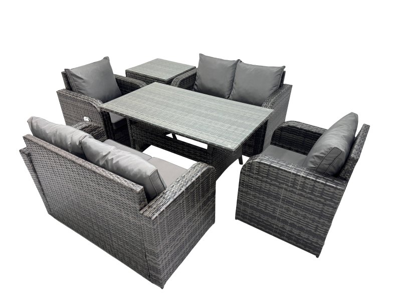 Fimous 6 Seat Outdoor Wicker PE Rattan Garden Furniture Set Dining Table Sofa Sets with Side Table Dark Grey Mixed