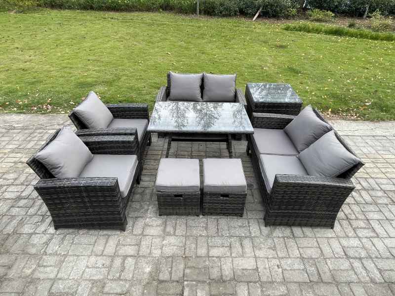 Fimous Rattan Garden Furniture Set 8 Seater Patio Outdoor Lounge Sofa Set with Rectangular Dining Table Love Seat Sofa Side Table 2 Small Footstools Dark Grey Mixed