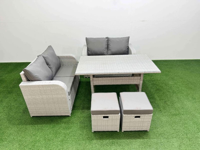 Fimous 6 Seater Outdoor Love Sofa Set Rattan Garden Furniture Set with Rectangular Dining Table 2 Small Stools Light Grey