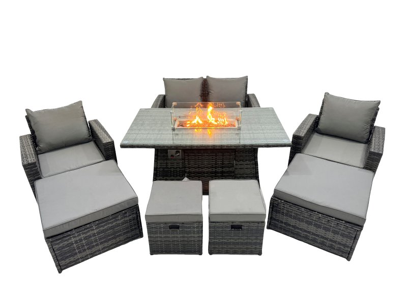 Fimous Outdoor Love Sofa Set 8 Seat Rattan Garden Furniture Set with Gas Firpit Dining Table 3 Footstools Dark Grey Mixed
