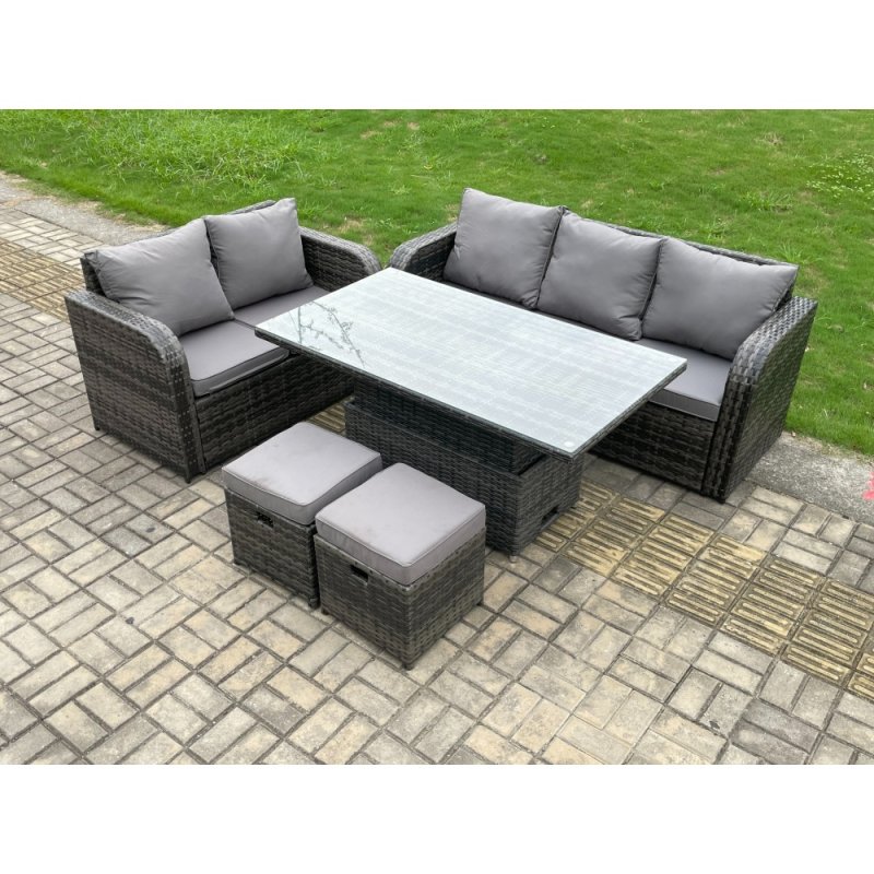 Fimous Outdoor Rattan Garden Furniture Sets Height Adjustable Rising lifting Dining Table Lounge Sofa Set With Love Sofa 2 Small Footstools Dark Grey Mixed