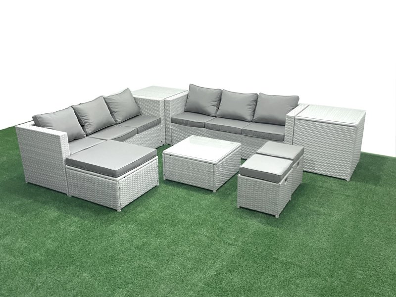 Fimous Rattan Garden Outdoor Furniture Set 9 Seater Rattan Garden Sofa Set with 3 Footstools 2 Side Tables Light Grey Mixed