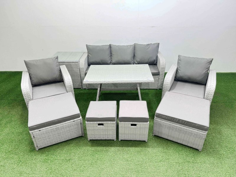 Fimous Rattan Garden Furniture Dining Set 9-seater Patio Rectangular Table Sofa Set with Side Table 4 Stools Light Grey