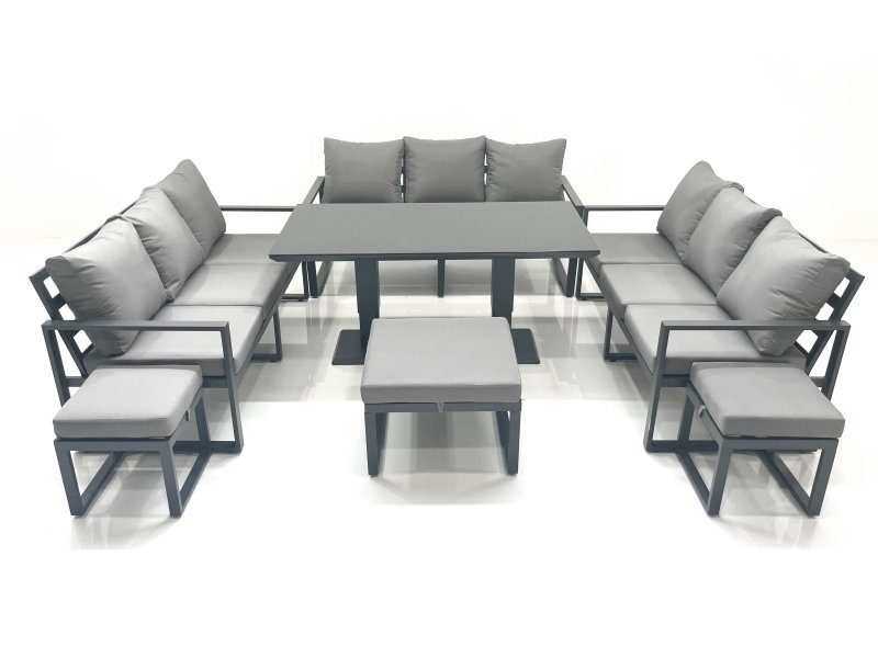 Fimous 12 Seater Garden Sofa Set Aluminium Furniture Rising Dining Tabe Set wth 3 Footstools Dark Grey