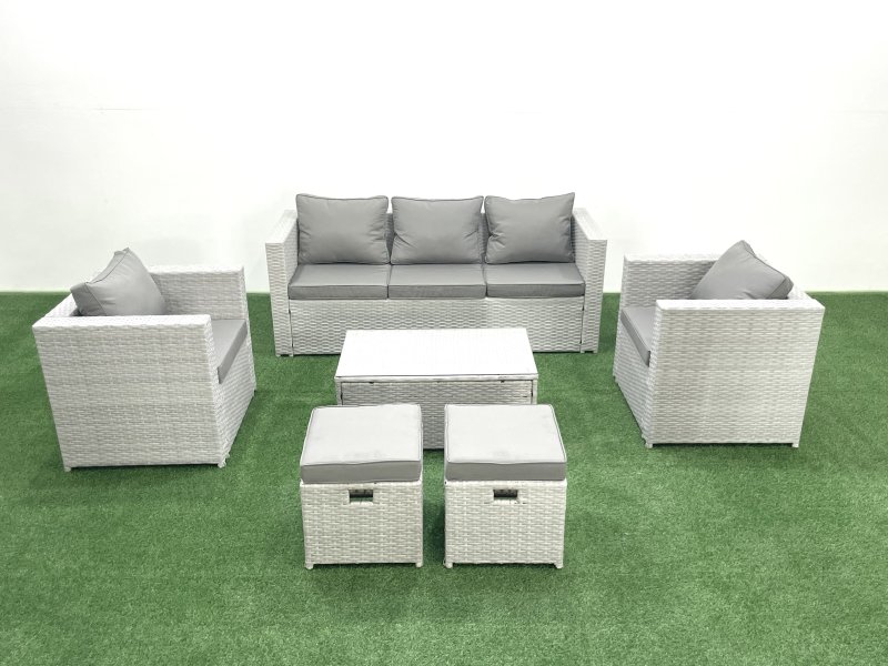 Fimous Rattan Garden Furniture Set with 3 Seater Sofa 2 Chair Rectangular Coffee Table 2 Small Footstools Light Grey Mixed 7 Seater