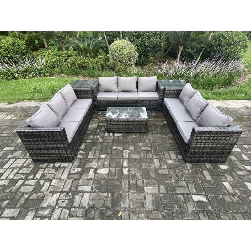 Fimous 9 Seater Outdoor Lounge Sofa Set Wicker PE Rattan Garden Furniture Set with Oblong Coffee Table 2 Side Tables Dark Grey Mixed
