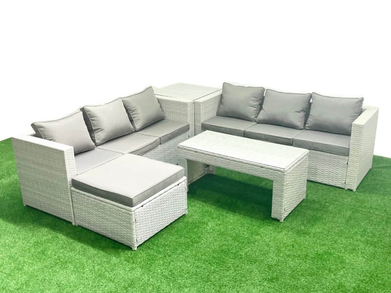Fimous 7 Seater Garden Outdoor Rattan Furniture Set Rattan Garden Sofa Oblong Coffee Table with Big Footstool Side Table Light Grey Mixed