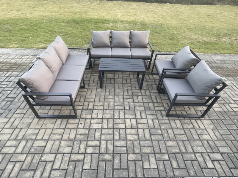 Fimous Aluminium 5 Pieces Garden Furniture Set with Cushions 8 Seater Outdoor Patio Lounge Sofa Set with 2 Armchairs Dark Grey