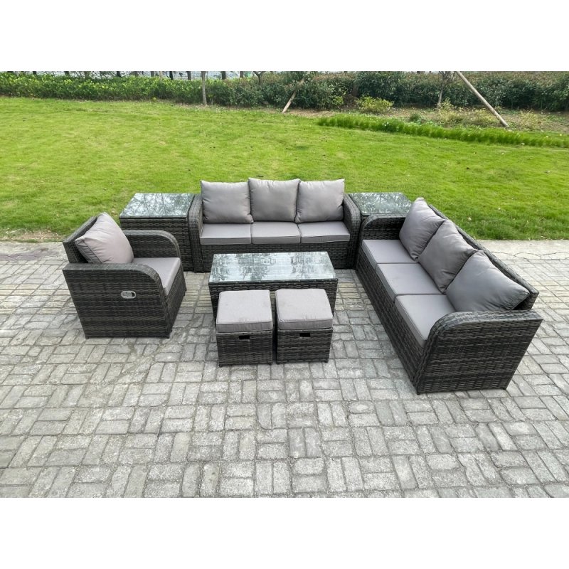Fimous Outdoor Lounge Sofa Set 9 Seater Rattan Garden Furniture Set with Rectangular Coffee Table 2 Small Footstools 3 Seater Sofa 2 Side Tables Dark Grey Mixed