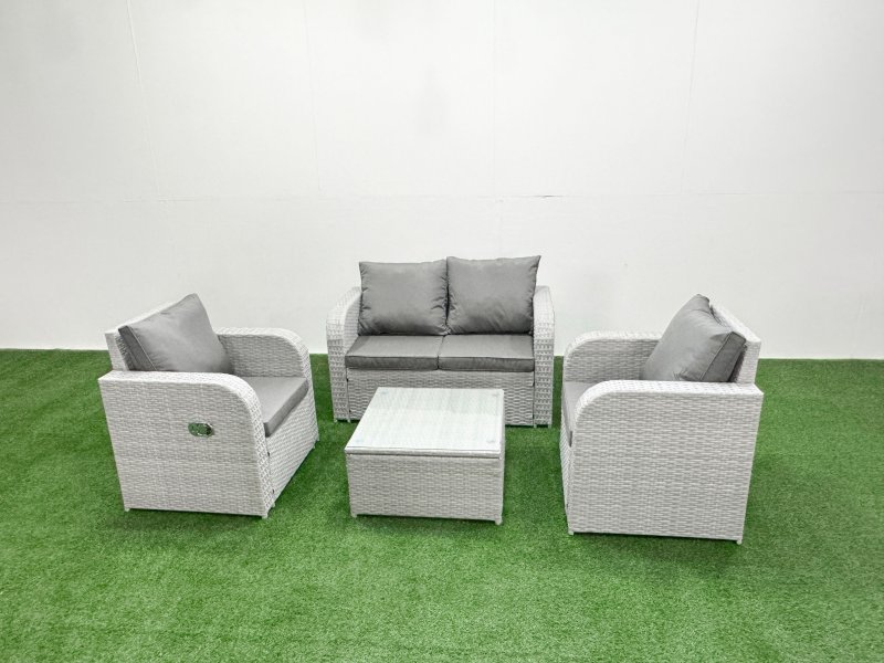 Fimous Light Grey PE Wicker Rattan Garden Furniture Set Sofa Set Reclining Adjustable Chair Square Coffee Table 4 Seater