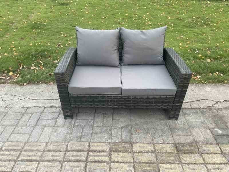 Fimous Dark Grey PE Wicker Rattan Garden Furniture Set Love Sofa Outdoor Rectangular Dining Table Side Table