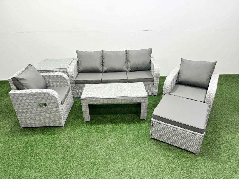 Fimous PE Rattan Garden Furniture Set Reclining Chair Sofa Lounge Sofa Set Rectangular Coffee Table Side Table Big Footstool Light Grey