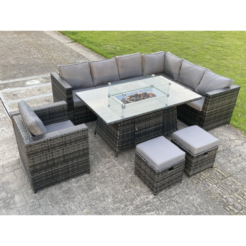 Fimous Outdoor Rattan Garden Furniture Corner Sofa Set Gas Fire Pit Table Dining Sets Gas Heater Burner Lounge Footstools Chair Dark Grey 9 Seater