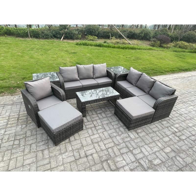 Fimous Outdoor Lounge Sofa Set 9 Seater Rattan Garden Furniture Set with Rectangular Coffee Table 3 Seater Sofa 2 Side Tables 2 Big Footstool Dark Grey Mixed