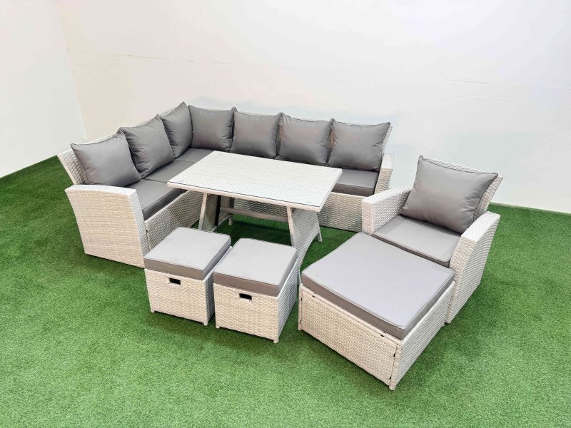 Fimous Garden Outdoor Rattan Furniture Set Rattan Corner Sofa Oblong Dining Table with Armchair 3 Footstools Light Grey Mixed 10 Seater
