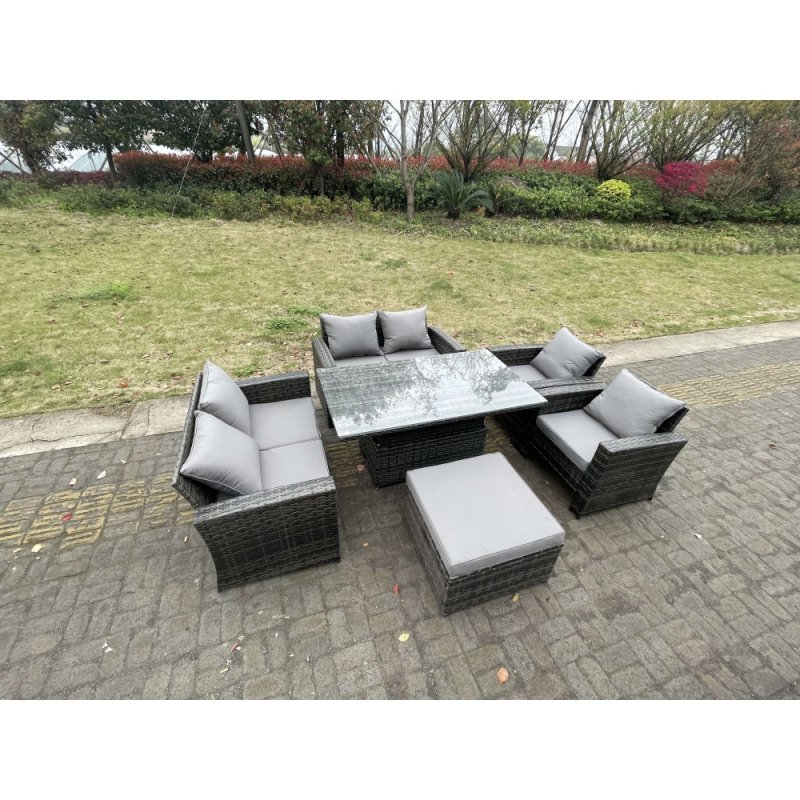 Fimous Rattan Outdoor Furniture Adjustable Rising Lifting Rectangle Dining Table Chairs Two Seater Love Sofa Sets Big Footstools 7 Seater