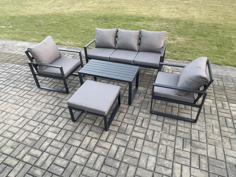 Fimous Aluminium Patio Outdoor Furniture Set 6 Seater Garden Sofa with Oblong Coffee Table Big Footstool 2 Armchairs Dark Grey