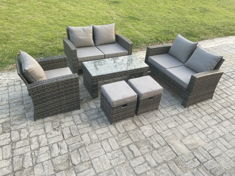 Fimous 7 Seater Rattan Outdoor Garden Furniture Sofa Set with Coffee Table 2 Small Footstool Dark Grey Mixed
