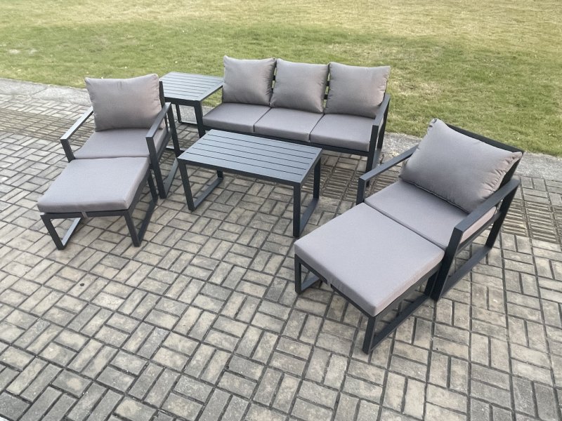 Fimous Aluminium 7 Pieces Garden Furniture Sofa Set with Cushions 7 Seater Outdoor Patio Set with 2 Armchair 2 Big Footstools Side Table Dark Grey