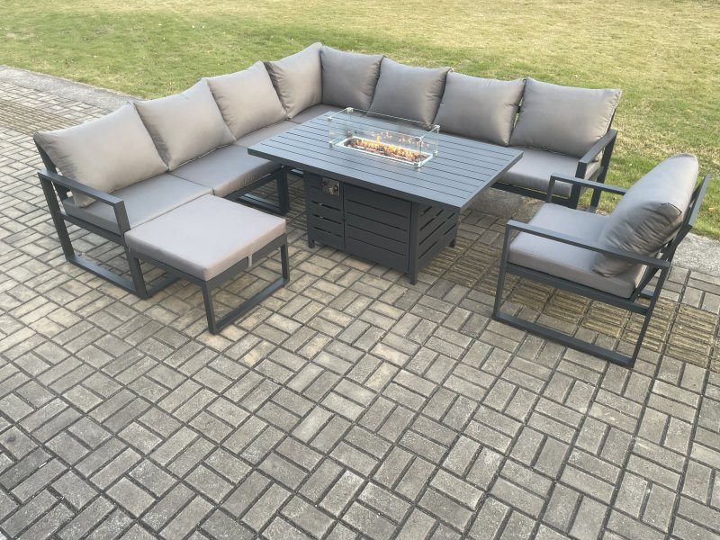 Fimous Aluminium 9 Seater Garden Furniture Outdoor Set Patio Lounge Sofa Gas Fire Pit Dining Table Set with Chair Big Footstools Dark Grey