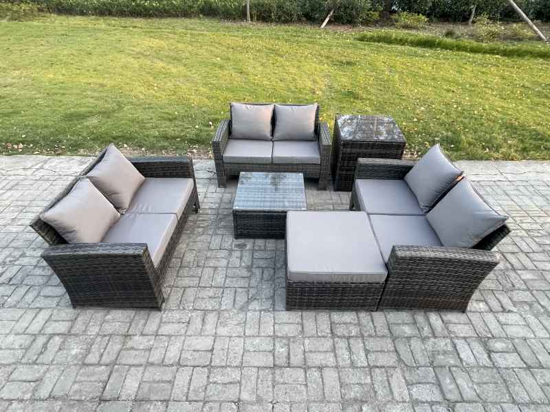 Fimous 7 Seater Rattan Wicker Garden Furniture Patio Conservatory Sofa Set with Square Coffee Table Double Seat Sofa Big Footstool Side Table