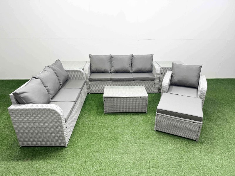Fimous 8 Seater Poly Rattan Outdoor Garden Furniture Sofa Set Patio 3 Seater Sofa Reclining Chair 3 Seater Sofa Big Footstool 2 Side Table Light Grey