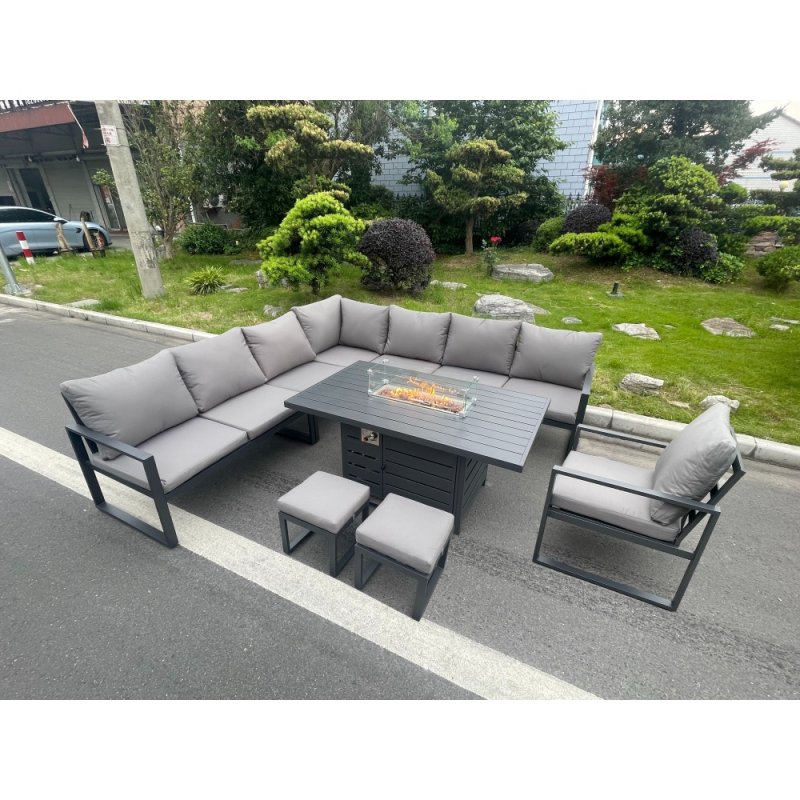 Fimous Aluminum Outdoor Garden Furniture Corner Sofa Chair Gas Fire Pit Dining Table Sets 2 Stools Gas Heater Burner Dark Grey 10 Seater