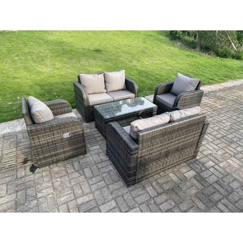 Fimous 6 Seater Dark Grey PE Wicker Rattan Garden Furniture Set Reclining Chair 2 Seater Love Sofa Set Outdoor Rectangular Coffee Table